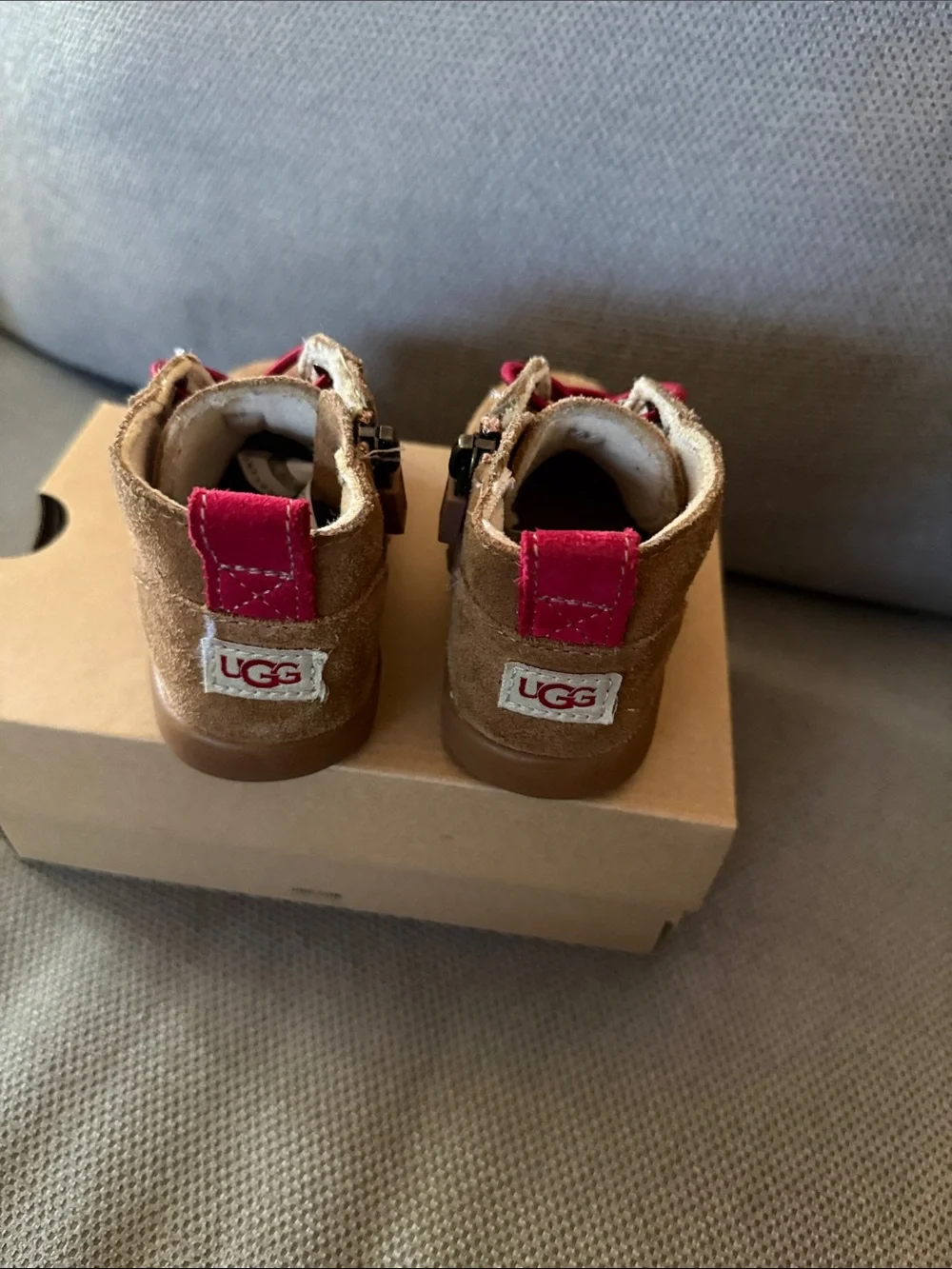 UGG Toddler Suede High-Top Shoes in Brown with Red Accents